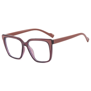 Minimalist square anti-blue light glasses with dark red frame and brown temples