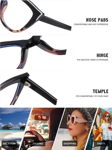 Detail of cat eye tortoiseshell frame with reinforced hinges and nose pads design