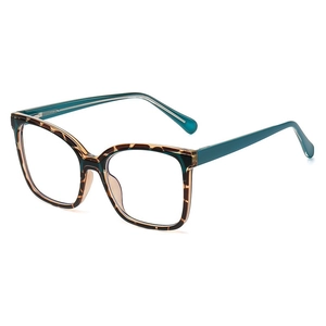 Fashionable TR90 tortoiseshell square eyeglasses frame with teal blue temples
