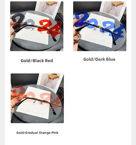 Close-up of 2024 rimless sunglasses in black red, dark blue, and gradient orange pink