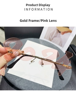 Detail of 2024 rimless sunglasses with pink lenses and golden metal temples
