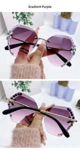 Détail de lunettes de soleil sans monture dégradé violet avec strass et effet diamant