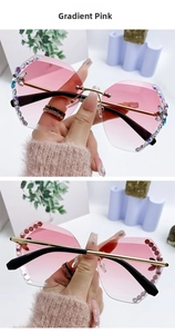 Détails des verres dégradés roses sans monture avec strass colorés et nœud doré élégant