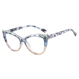 Cat-eye glasses frame with blue and orange marble texture and transparent lenses