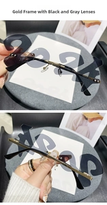 Detail view of gold metal frame and 2024 number shape lenses on party sunglasses