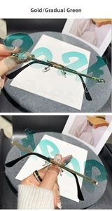 Detail of 2024 number shaped rimless sunglasses with gold frame and gradient green lenses