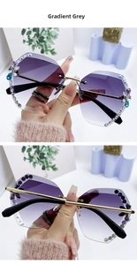 Détail de lunettes sans monture aux verres dégradés gris avec des gemmes florales