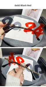 Detail of 2024 rimless party sunglasses showing gold metal hinges and dual-color lenses