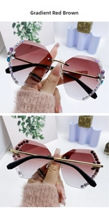 Détails de lunettes de soleil sans monture dégradé rouge-brun avec strass de luxe
