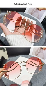Detail of rimless round sunglasses with pink gradient lenses and diamond encrusted frames