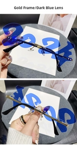 Close-up of gold frame 2024 rimless sunglasses with dark blue lenses for New Year party