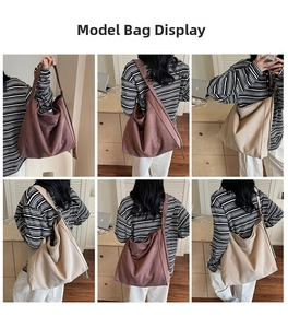 Viste dettagliate di una grande borsa tote in tela marrone e beige indossata da una modella