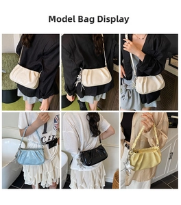 Cloud bag with bow pleats and star pendant shown in white, blue, black, and yellow