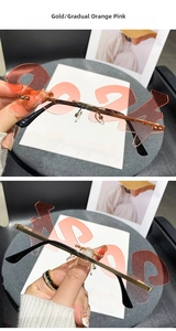Detail of 2024 rimless sunglasses with gold metal frame and pink gradient lenses