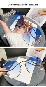 Detail of gold rimless sunglasses featuring gradient blue lenses and luxury crystal accents