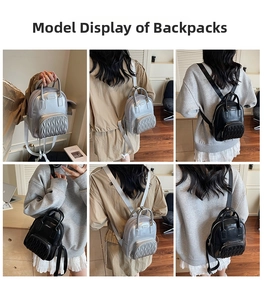 Detailed views of mini quilted fashion backpack showing silver and black leather textures
