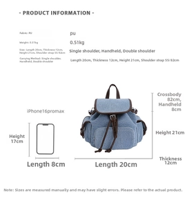 Size comparison of denim backpack and smartphone showing detailed dimensions
