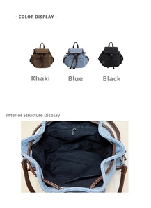 Detail view of canvas backpack interior lining and multiple color options in khaki and blue