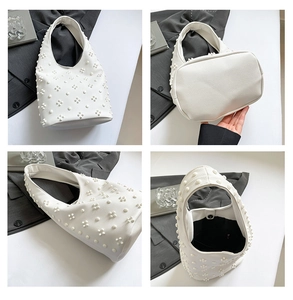 Detail shots of white lychee texture handbag with 3D floral accents and magnetic closure