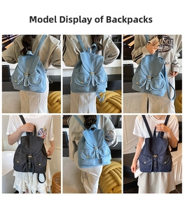 Detailed views of denim backpack showing large capacity and vintage buckle pockets