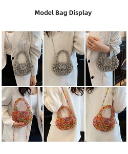 Detailed views of handmade colorful beaded mini crossbody bags worn with a white blazer