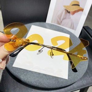 2024 number shaped rimless sunglasses with yellow acrylic lenses and gold metal frame
