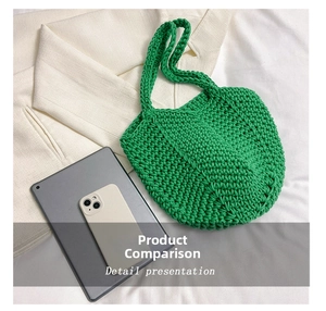 Detail presentation of green crochet tote bag showing spacious interior and knit texture