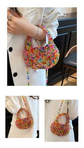 Detailed close-up of handmade multi-color beaded crossbody bag with vibrant woven patterns