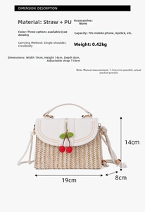 Detailed dimension guide for straw and PU box bag with cotton rope strap and cherry charm