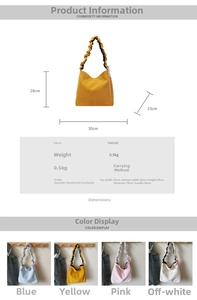 Detail view of corduroy tote bags in four colors with ruffled handle and dimensions