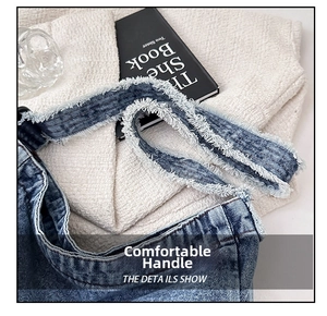 Dettaglio dei bordi a vivo e della trama in twill di una borsa in denim blu