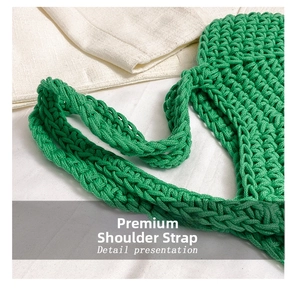 Detail presentation of premium thick woven shoulder straps on green handmade beach tote bag