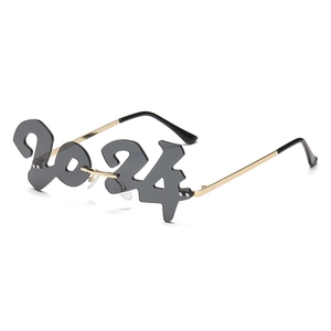 Frameless 2024 number sunglasses with grey lenses and gold metal temples for parties