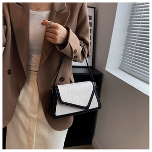 Gros plan sur le motif crocodile noir et blanc du petit sac avec rabat en V
