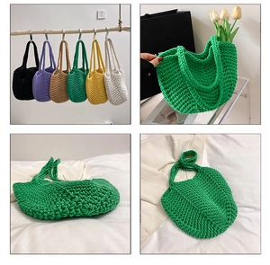 Close-up of handmade crochet hobo bags in assorted colors showing fine woven texture