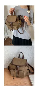Detail of vintage brown canvas backpack with leather trim and multiple functional pockets