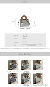 Detailed size chart for minimalist denim PU square bag with dimensions and strap info