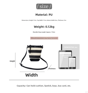 Detailed view of woven bucket bag size parameters and black PU leather material finish