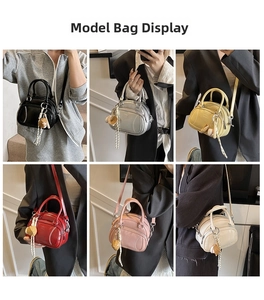 Detailed view of women's pillow handbag with baseball stitching in six versatile colors