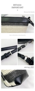 Detail of woven texture and black leather trim with silver hardware on bucket bag