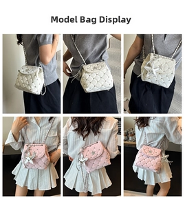 Quilted backpack with star studs and chain straps shown on models in white and pink