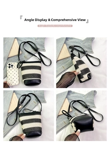 Detailed views of striped bucket bag showing woven texture and black leather accents