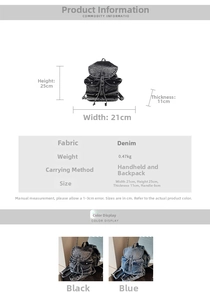 Infografía con dimensiones 21x25x11cm y detalles de material de la mochila de mezclilla