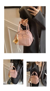 Collage of pink pillow handbag showing top handle, crossbody and shoulder carry styles
