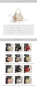 Detailed spec sheet showing pillow bag dimensions and six color options for 2025 style