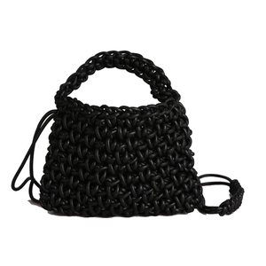 Handcrafted black woven handbag with textured knot design and long rope shoulder strap