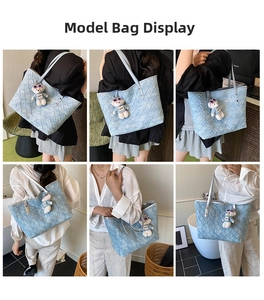 Collage of light blue tote bag with quilted texture and cute bear pendant on a model