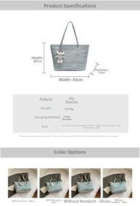 Detailed size chart for blue woven PU denim tote bag with 2024 large capacity design