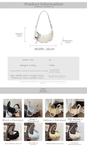 Detailed size chart and specifications for PU leather crescent shoulder bag with charms