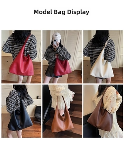 Detailansichten der vielseitigen Tragetasche in fünf Farben mit Tragebeispielen am Model